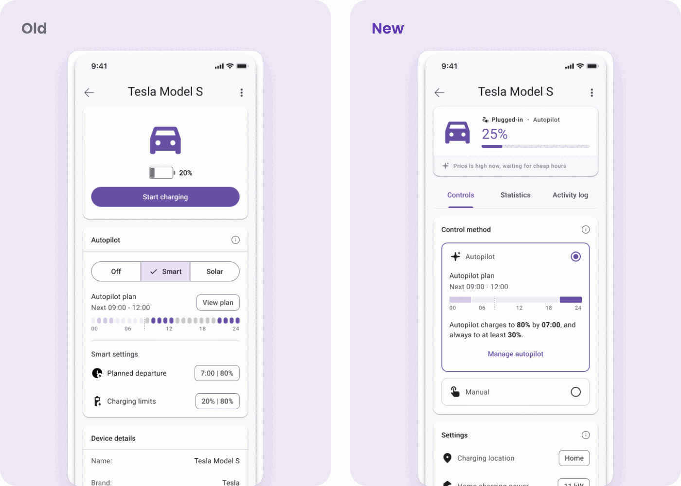 The old device screen next to the new one: live status at the top, Autopilot or manual below.